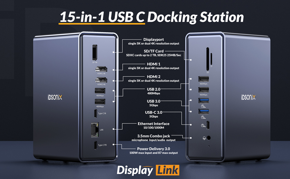 iDsonix USB C Displaylink Docking Station for Mac M1, Windows, 15 in 1