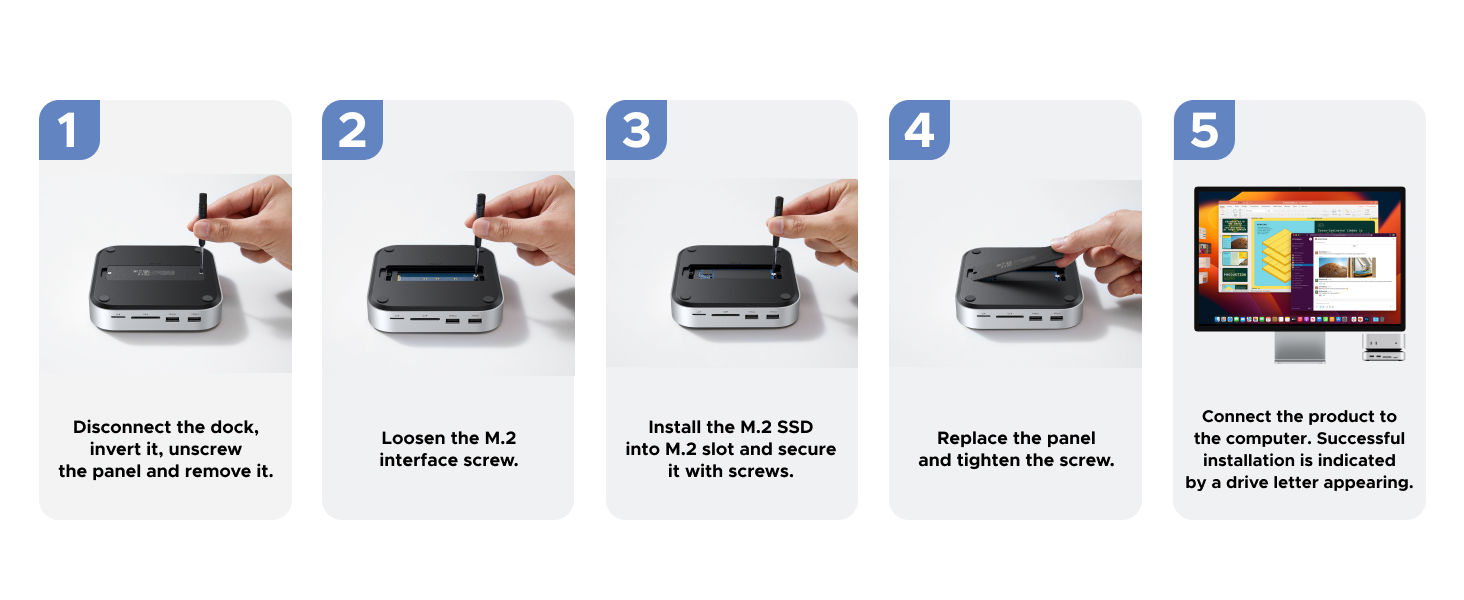 Step-by-step instruction guide for installing a small electronic device. Five panels show hand interactions with a compact black device and a computer screen.