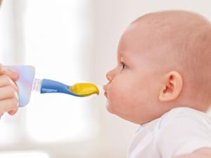 baby feeding, squeeze spoon, gentle, blue