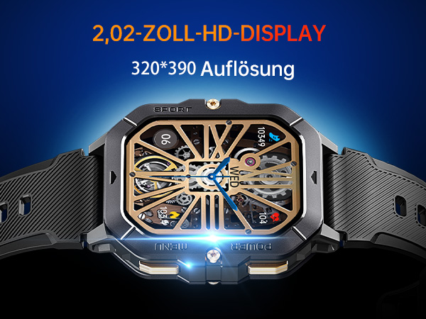 Luxusuhr mit 2,02-Zoll-HD-Display, Auflösung 320* 390. Das Zifferblatt im Skelettstil zeigt komplizierte mechanische Komponenten. Kohlefaserband sichtbar