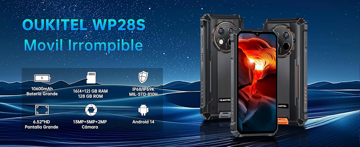 OUKITEL WP28S móvil resistente a golpes y agua está certificado con IP68, IP69K y MIL-STD-810H