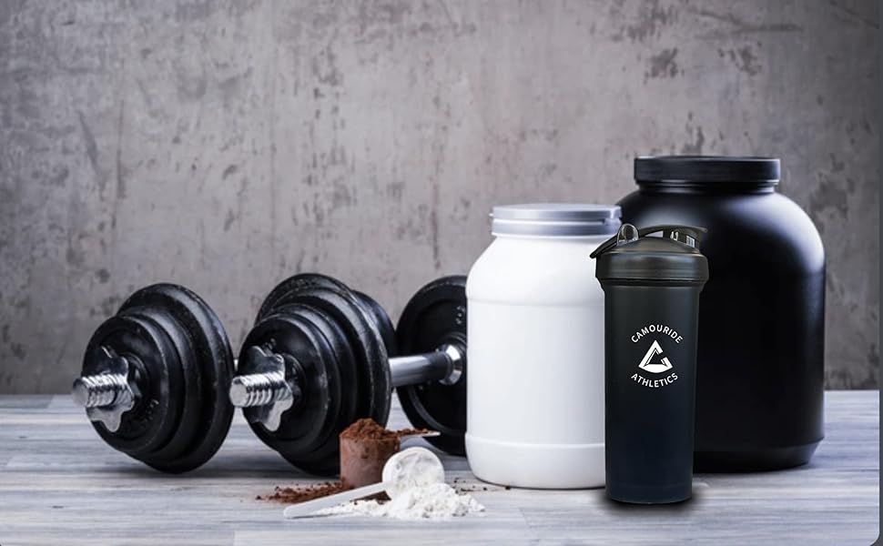 protein powder, creatine, dumbbells Camouride athletics