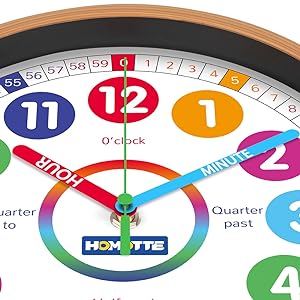 Kids Wall Clock for Bedroom, 10 Inch Round Multi-Colored Learning Clock, Children's Silent Analog Non-Ticking Educational Wall Clock for Boys and Girls Classroom Home Decor 11 Easy to Read