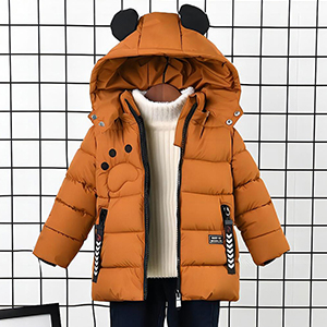 Orange puffer jacket for children with bear-ear hood, zipper closure, and side pockets. White sweater visible underneath.