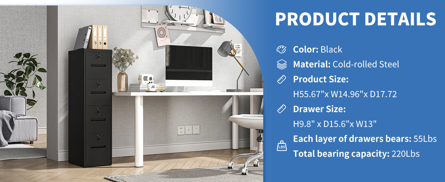 FLIXELIO 4 Drawer File with Lock, Black Filing