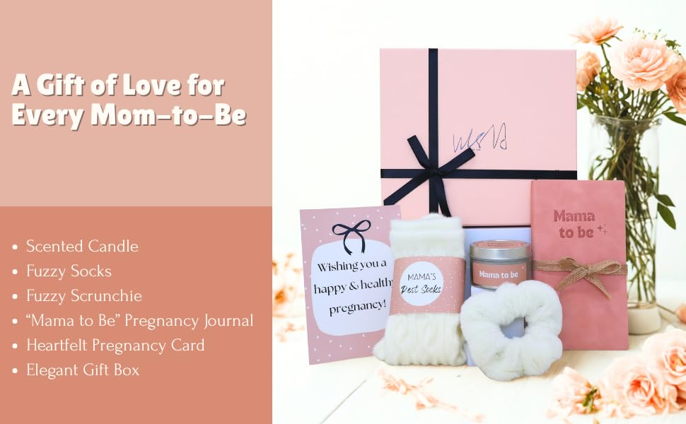 Pregnant woman opening new mom care package with candle, socks, scrunchie, and notebook