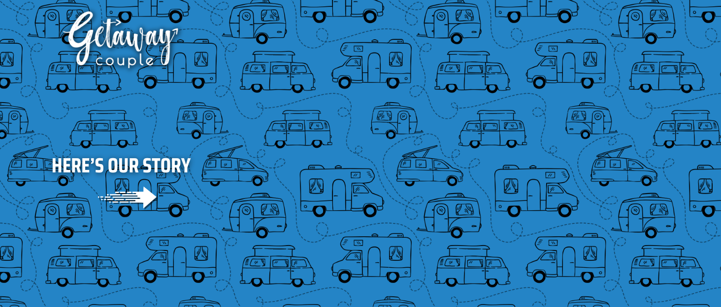 Getaway Couple logo on blue background with RV pattern