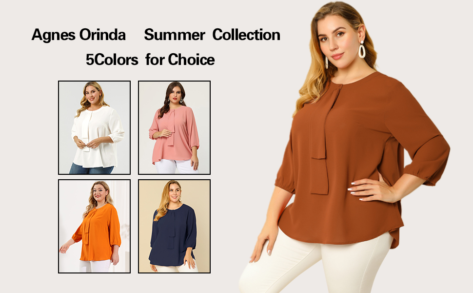 Agnes Orinda Women's Plus Size Tops Work Round Neck Ruffle Chiffon