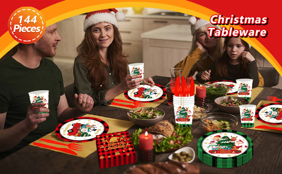 144Pcs Christmas Party Supplies, Christmas Plates and Napkins Set for 24 Guests