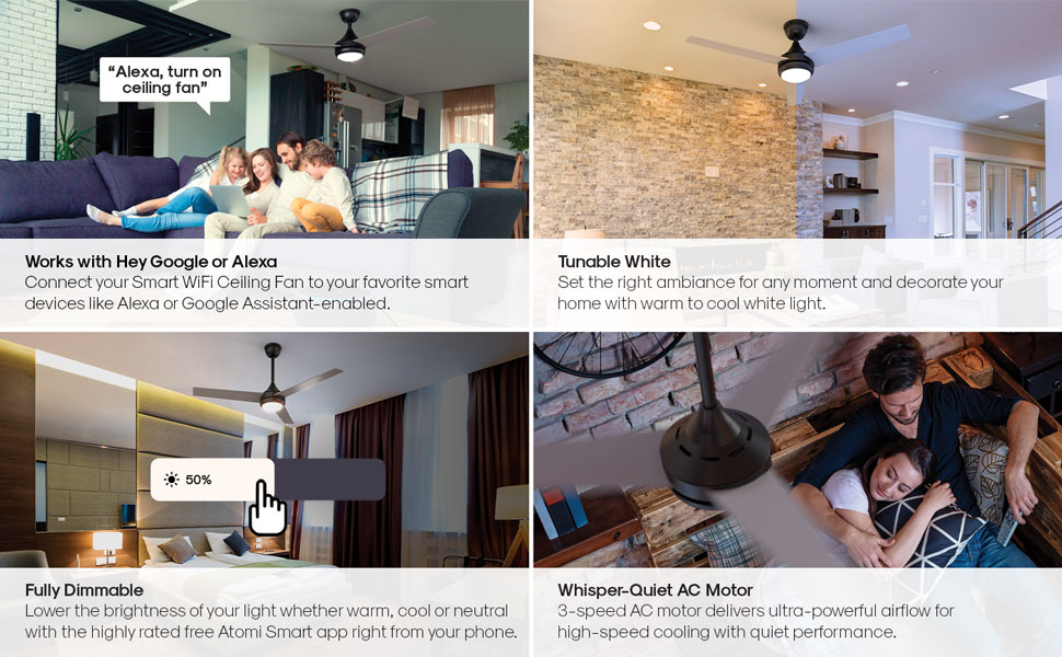 Atomi Smart Ceiling Fan WiFiEnabled, 52 Inch, 3Speed, 3