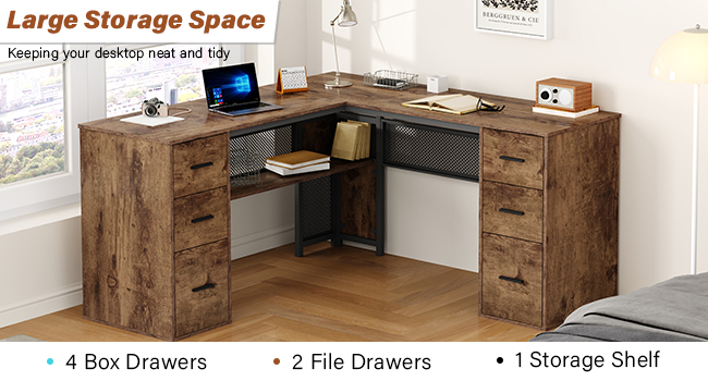 Text reads 'Large Storage Space', '4 Box Drawers', '2 File Drawers', '1 Storage Shelf'. L-shaped wooden desk with multiple drawer storage units shown in office setting.