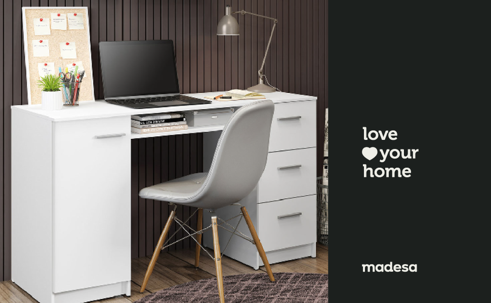 Madesa Home Office Computer Writing Desk with 3 Drawers, 1 Door and 1