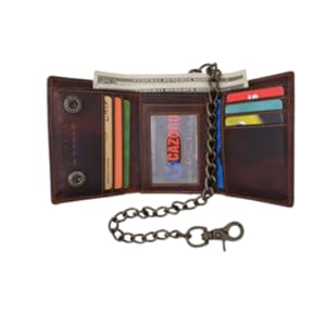 RFID Blocking Men&amp;#39;s Tri-fold Vintage Leather Biker Chain Wallet With Snap Closure