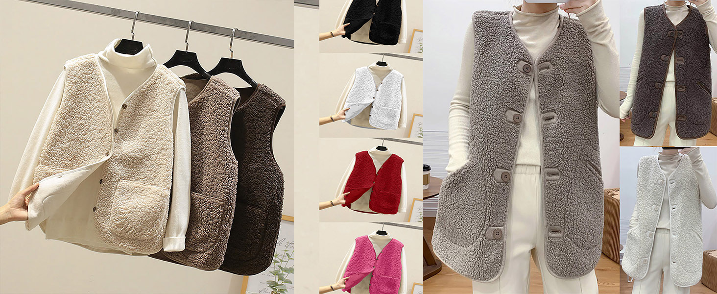 Collection de gilets d'hiver en peluche ou en peluche présentés dans différents styles et couleurs, y compris le gris, le blanc et le noir, présentés à la fois à plat et sur des supports exposés.