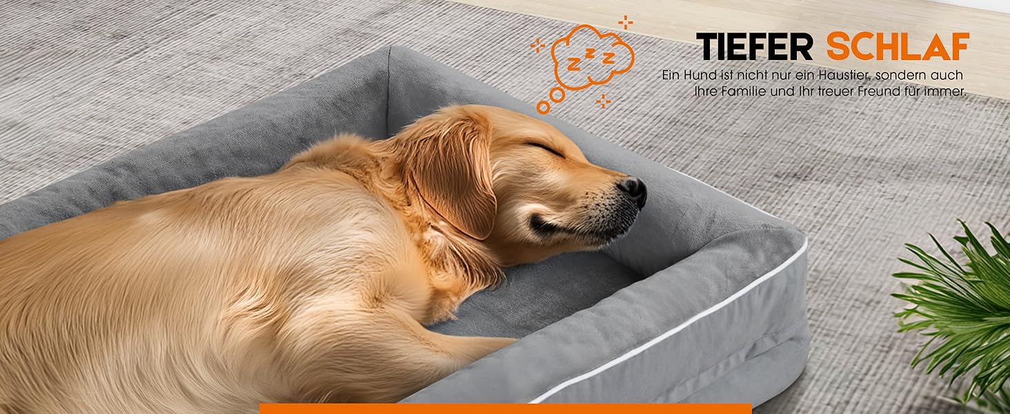 Text lautet „TIEFER SCHLAF“ mit Logo. Golden Retriever schläft friedlich in einem grauen Haustierbett im orthopädischen Stil. Pflanze in der Ecke sichtbar.