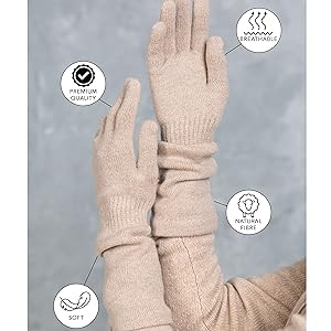 Beige textured gloves with four circular icons indicating product features, photographed against grey background.