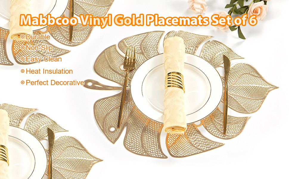 Mabbcoo Leaf Gold Placemats Vinyl Table Place Mats Set of 6