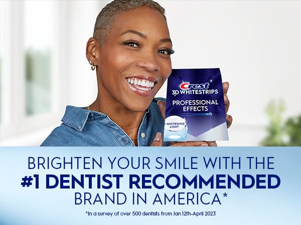 Woman smiling holding pack. Brighten Your Smile with the #1 Dentist Recommended Brand in America.
