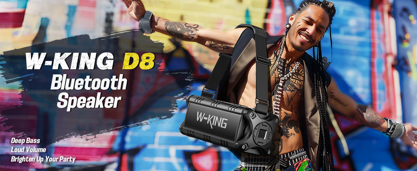 W-King D8 Bluetooth speaker promotional image showing a black portable speaker with visible branding and 'Bluetooth Speaker' text overlay.