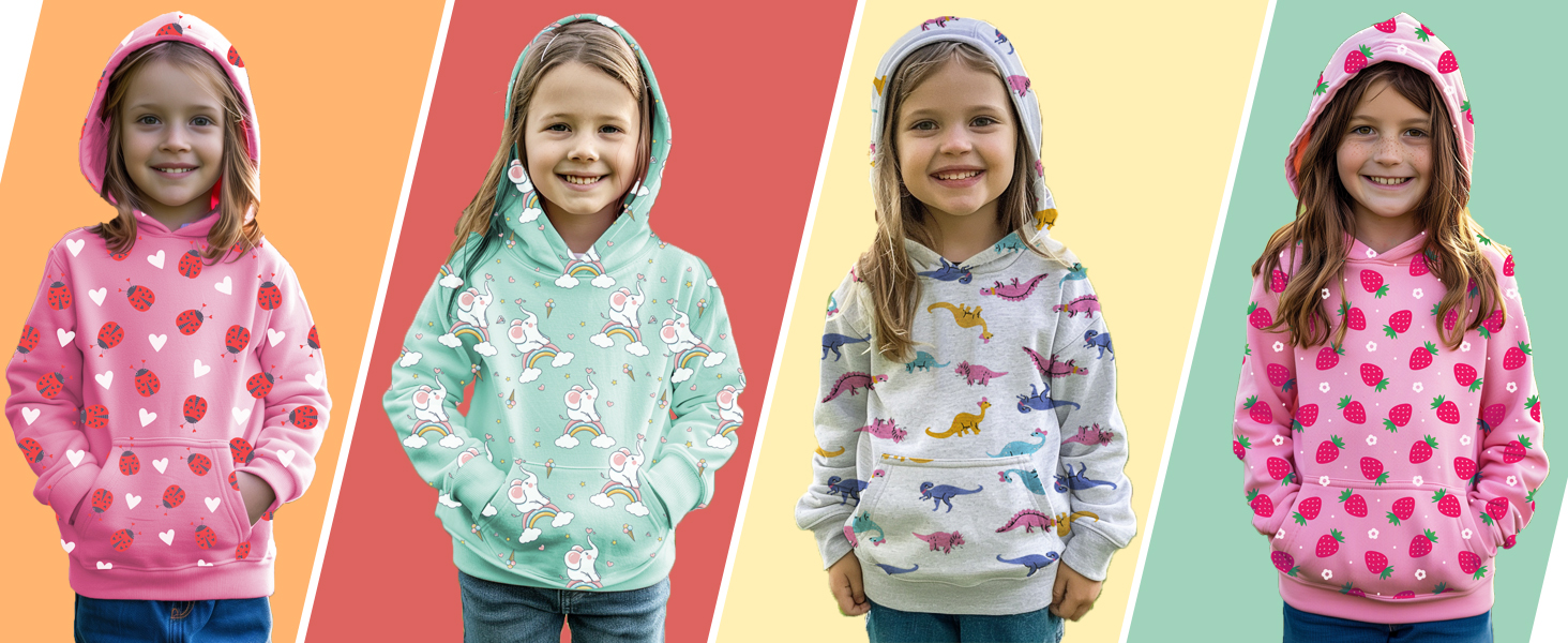 Vier Kapuzenpullis für Kinder in Rosa, Mintgrün, Weiß mit buntem Muster und Rosa mit weißen Punkten