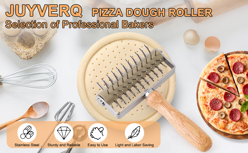 JuyVerq Pizza Dough Docker Roller Wood Handle Stainless Steel