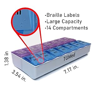 Photo showing height (1.38in), length (7.17in), width (3.54in) and braille labels of pill organizer