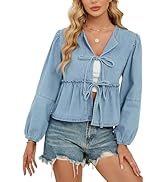 D-Sun Women V-Neck Tie Front Denim Shirt Peplum Babydoll Jean Blouse Long Puff Sleeves Y2K Croppe...