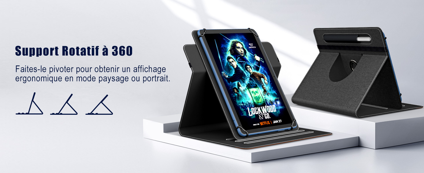 présenté en orientation paysage et portrait, avec angles de vision réglables et étui de protection noir