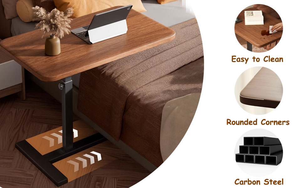 Overbed Table with Swivel Hidden Wheels, Adjustable Height