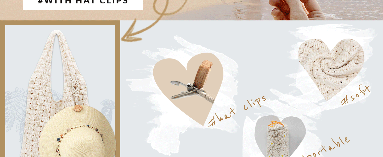 crochet mesh beach bag with hat clips for summer travel holiday