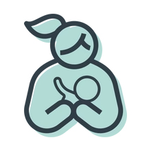 Icône minimaliste bleu clair représentant une personne stylisée tenant un bébé, suggérant le thème de la parentalité ou de la garde d'enfants