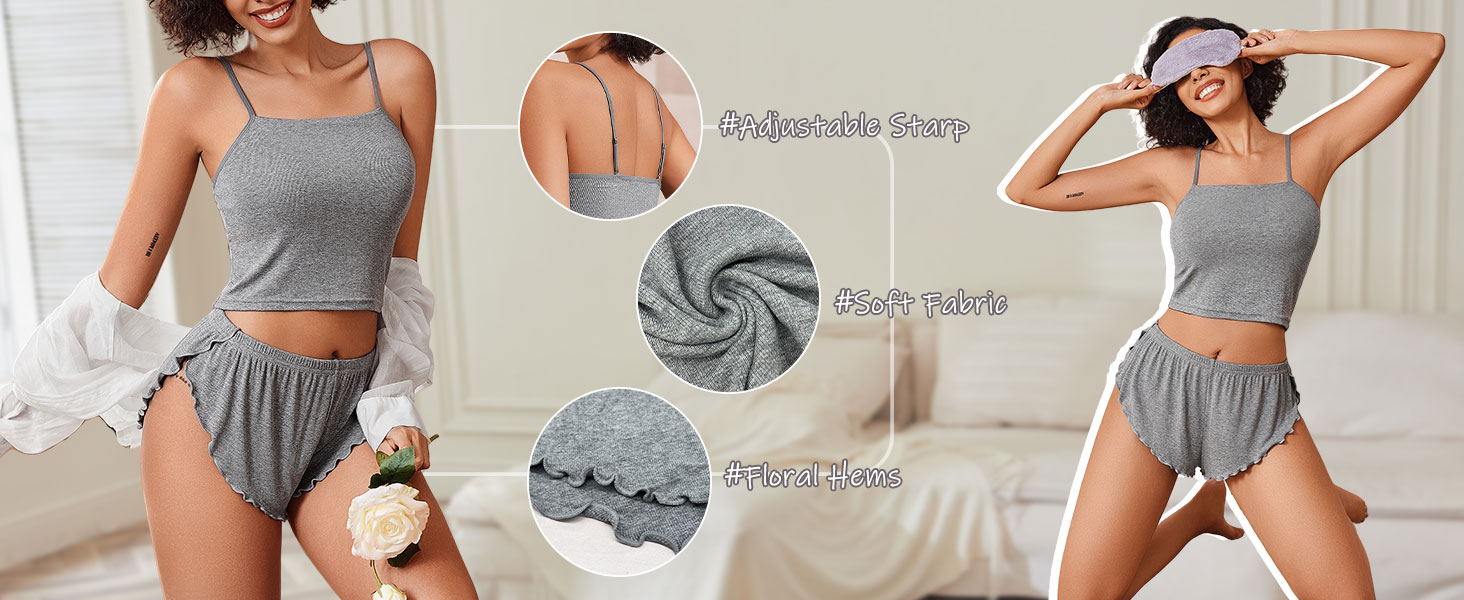 Cami Short Set for Women Sexy 2 Piece PJ Set Ribbed Lingerie Sleepwear Set Cute Nightwear