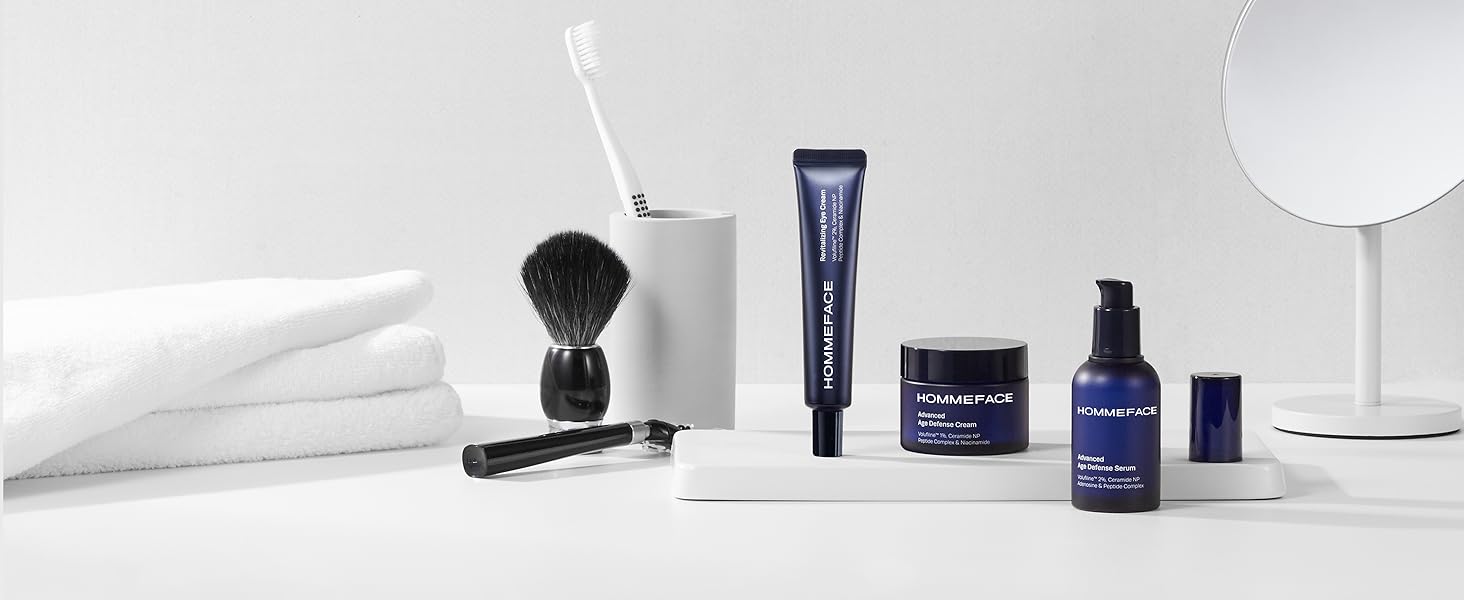 HOMMEFACE skincare for men products on a table with bath towel