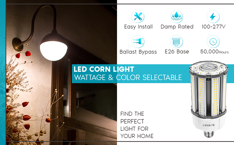 Luxrite 18W/27W/36W LED Corn Light Bulb, 150W HID Equivalent, 3 Color