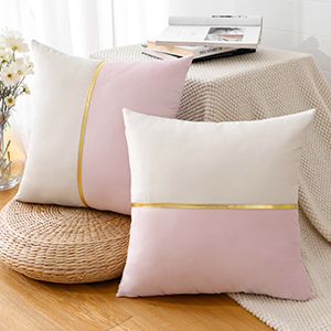 Artscope Pink White Velvet Cushion Covers with Gold Leather Patchwork Luxury Modern Minimalist Square Pillowcase Throw Pillow Covers for Living Room Bed Couch Sofa 45x45cm Set of 2 25 Set of 2 Cushion Cover for Luxury Modern Minimalist Gold Leather Stitching Wavy Stripes