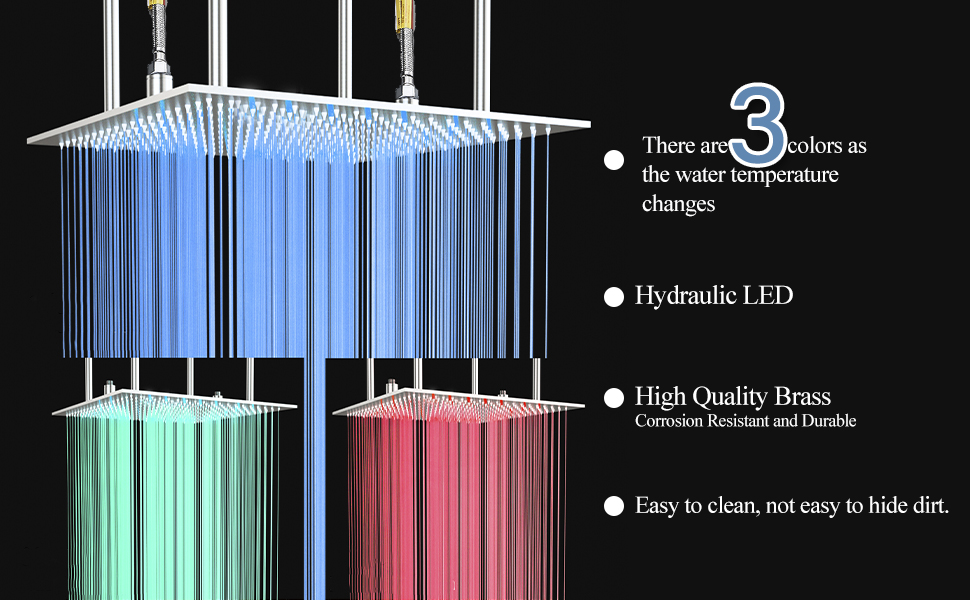 SUGUWORD LED 24 Inch Rainfall Shower Head Square Temperature Sensor 3 Colors Changing Polished Chrome Solid Brass Ceiling Mounted Bathroom High Pressure Luxury Rainfall Shower Head Full Body Coverage 11 3