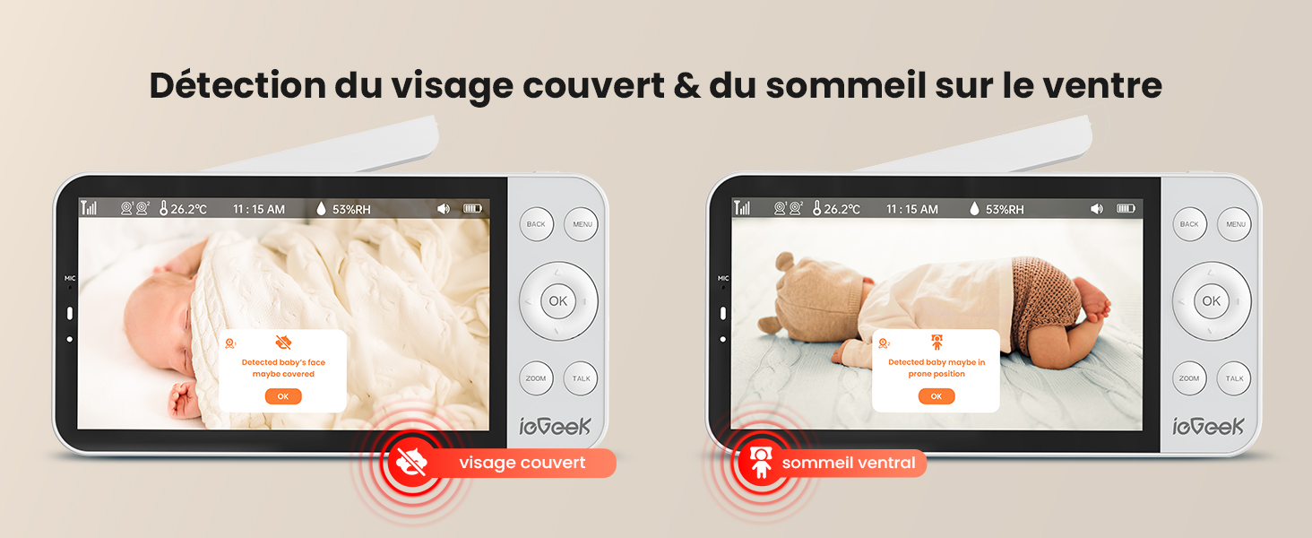 Le texte se lit comme suit : « Détection du visage couvert & du sommeil sur le centre ». Série de captures d'écran de l'interface d'une application mobile présentant les fonctionnalités de surveillance des bébés.