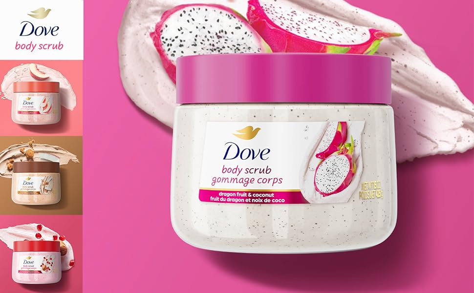 Dove Dragon Fruit Body Washwith other varients stacked on the left side.