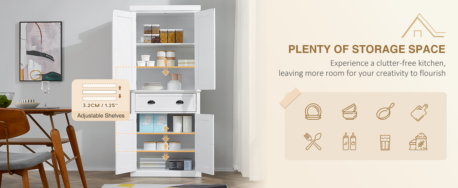 Freestanding Kitchen Cupboard, 184cm Tall Storage with