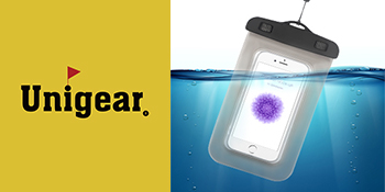 que se muestra sumergida en el agua, que protege un dispositivo que muestra un gráfico morado. Logotipo amarillo de Unigear en