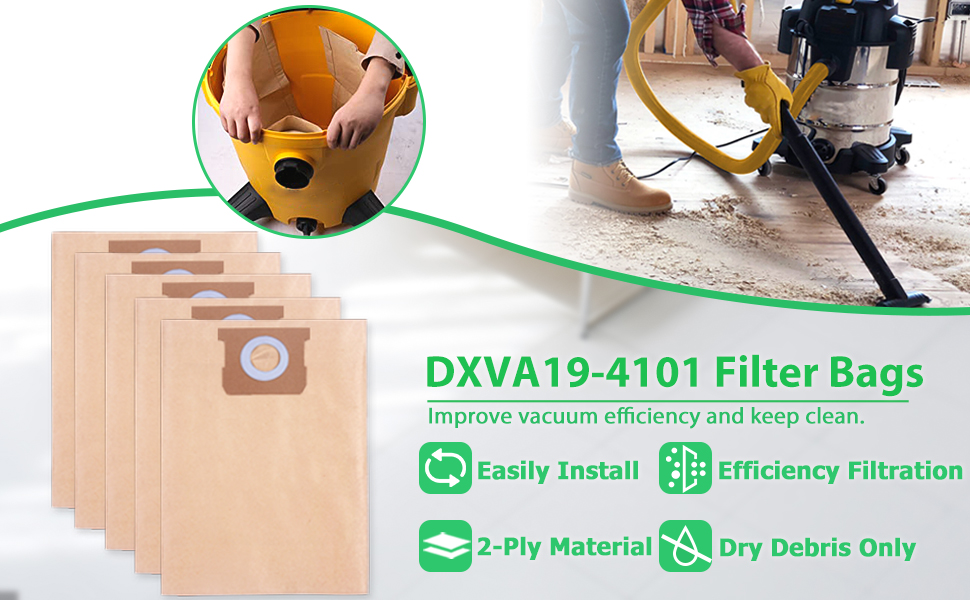 5 Pack DXVA194101 Replacement Filter Bags for DEWALT 610 Gallon Wet