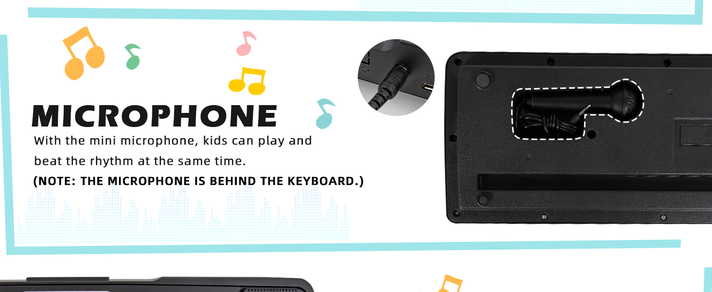 The microphone is behind the keyboard.