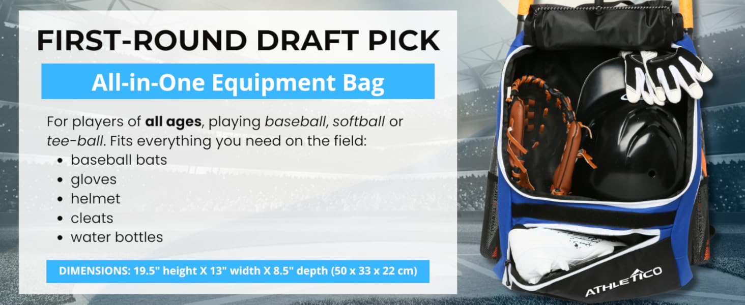 All-in-one equipment backpack, for all ages, fits helmet, cleats, glove, 2 bats, water bottles