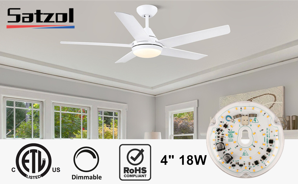 SATZOL 4“ 18W Ceiling Fan LED Light Replacement Daylight White 6000K, 120V 1800LM 90Ra Dimmable
