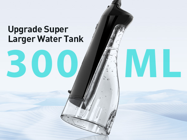 Black and white handheld device with '300 ML' text overlay indicating water tank capacity upgrade feature.