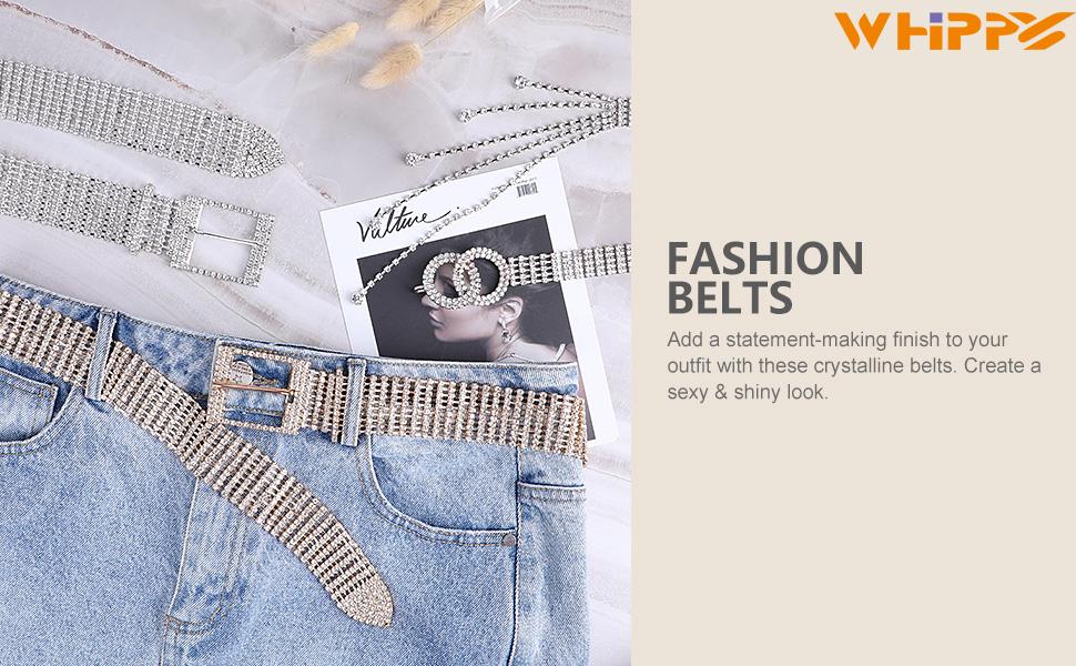 WHIPPY Women Rhinestone Belt Gold Shiny Diamond Fashion