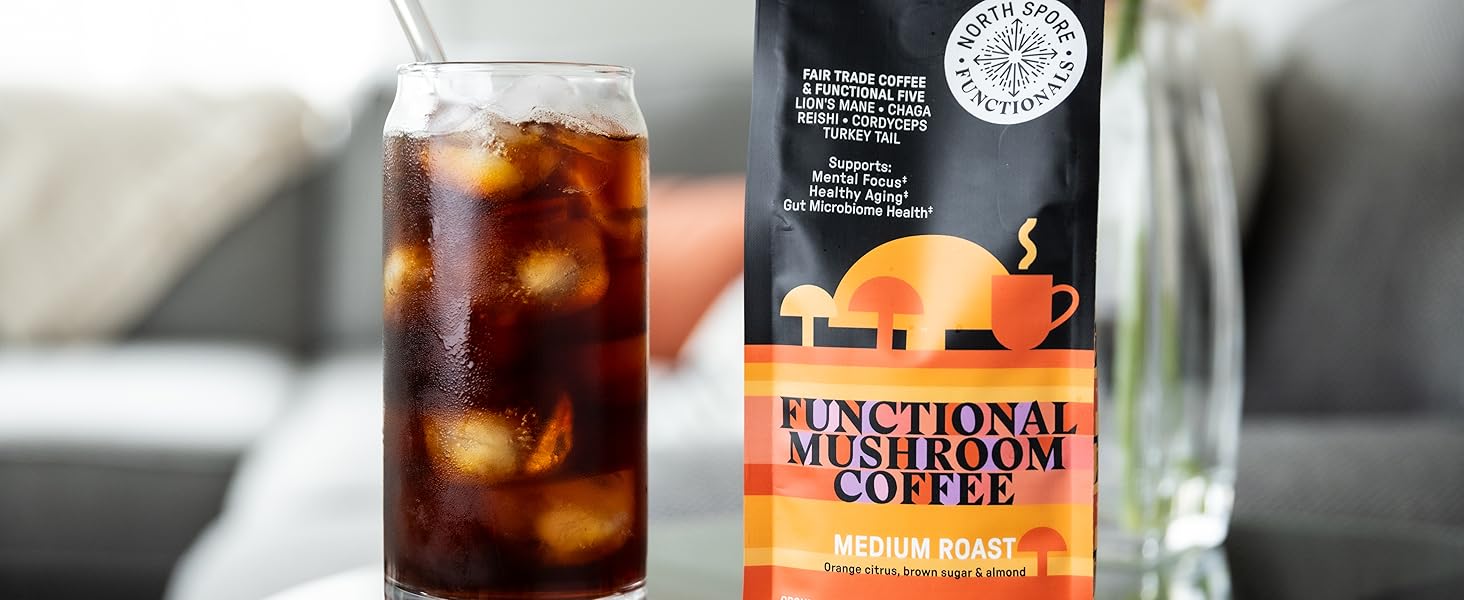 coffee package next to glass of iced coffee