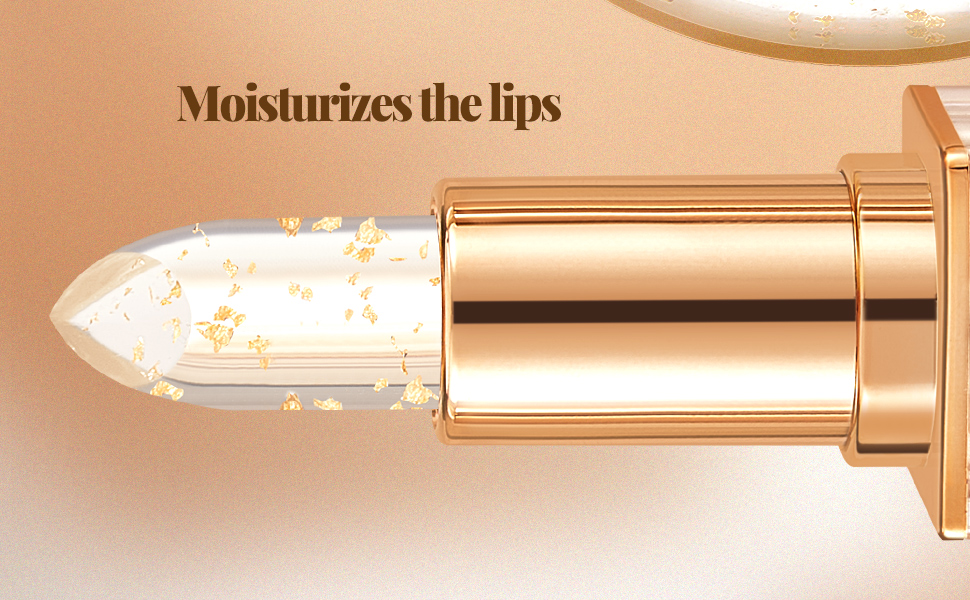 Text reads 'Moisturizes the lips'. Gold-toned lipstick tube with clear gel-like product visible, featuring a metallic cylindrical case design.