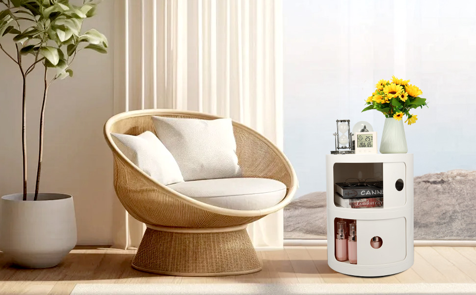 round nightstand,round side table with storage,small space storage,round table with drawer