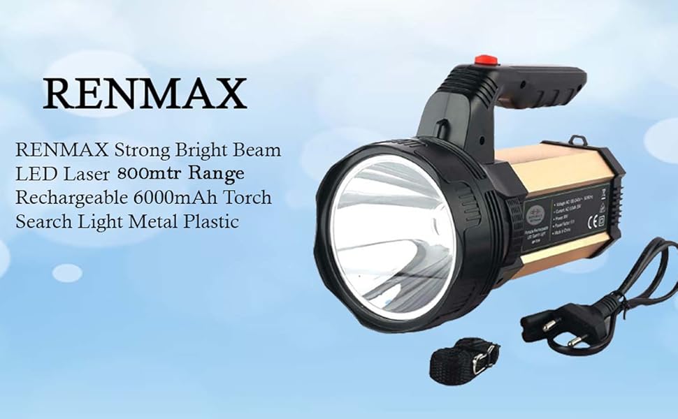 Diwali Sale Renmax Rechargeable Searchlight Torch – Bright Led Laser Flashlight With 800M Beam Range, 6000Mah Battery, Metal Housing &Amp; Plastic Body – Powerful Security Light, 1 Pc 8 Renmax Strong Bright Beam Led Laser Torch